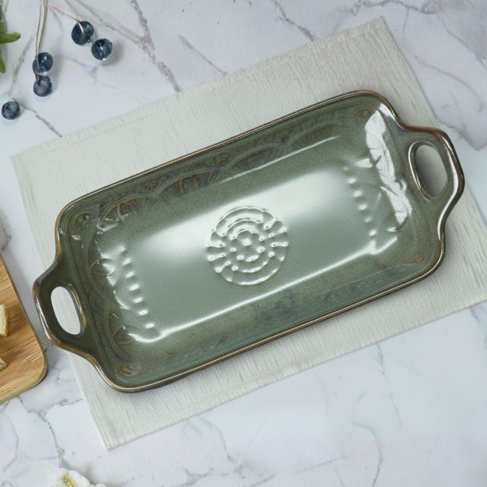 green embossed ceramic serving tray set of 2 for serving snacks beverages with durable glazed finish